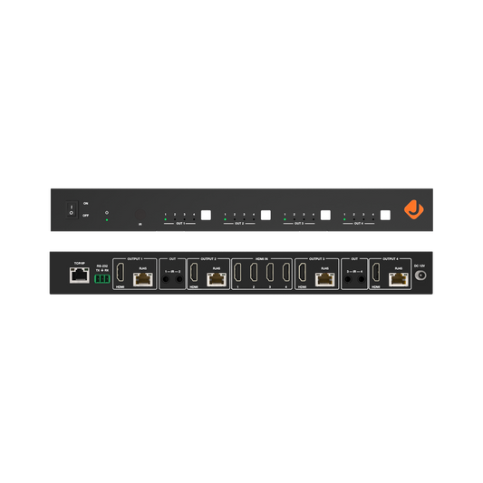 Long-range 4x4 HDMI matrix extender with power over cable.