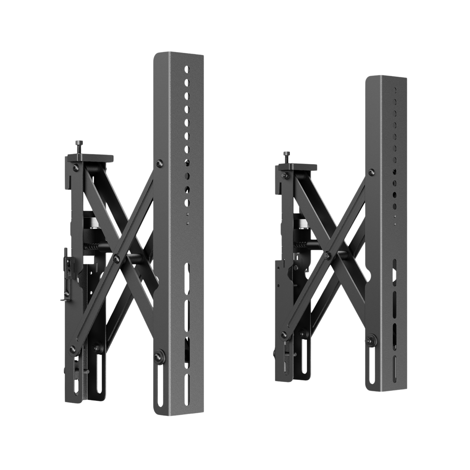 Two black adjustable wall mounts on a white background
